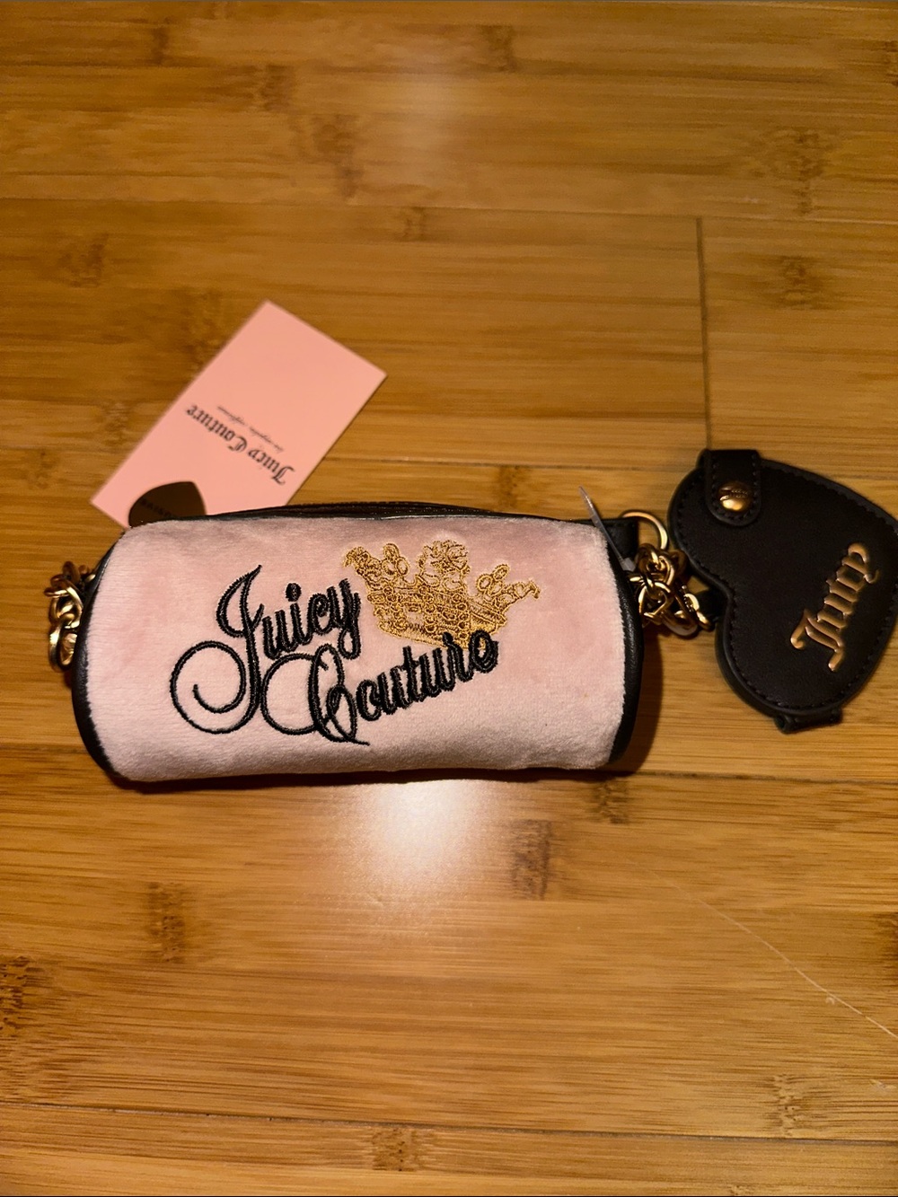 Juicy Couture Pink Velvet Logo Keychain Pouch with Gold Crown